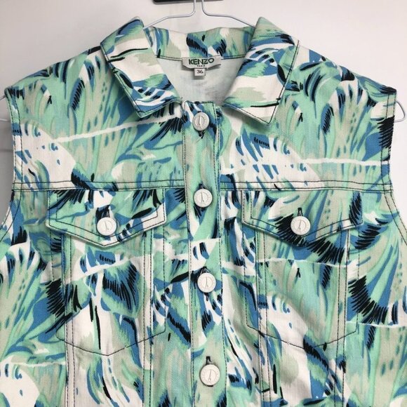 Kenzo Aquamarine teal leaf printed denim shirt mini dress 36 (US 4) - Picture 5 of 15